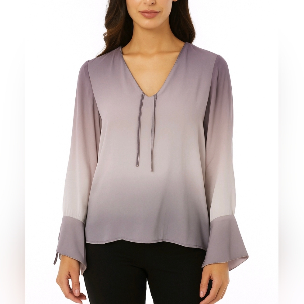 Ecru Blouse 100% Silk Lilac Ombre Long Sleeve Silver Beaded Flare Cuffs Size XS